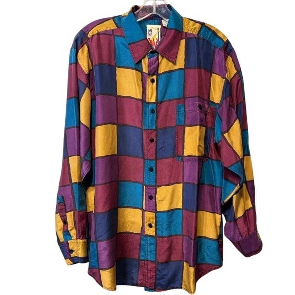 On The Brink Silk Button Down Shirt Multicolor Color Block Funky Vintage 90s Med
